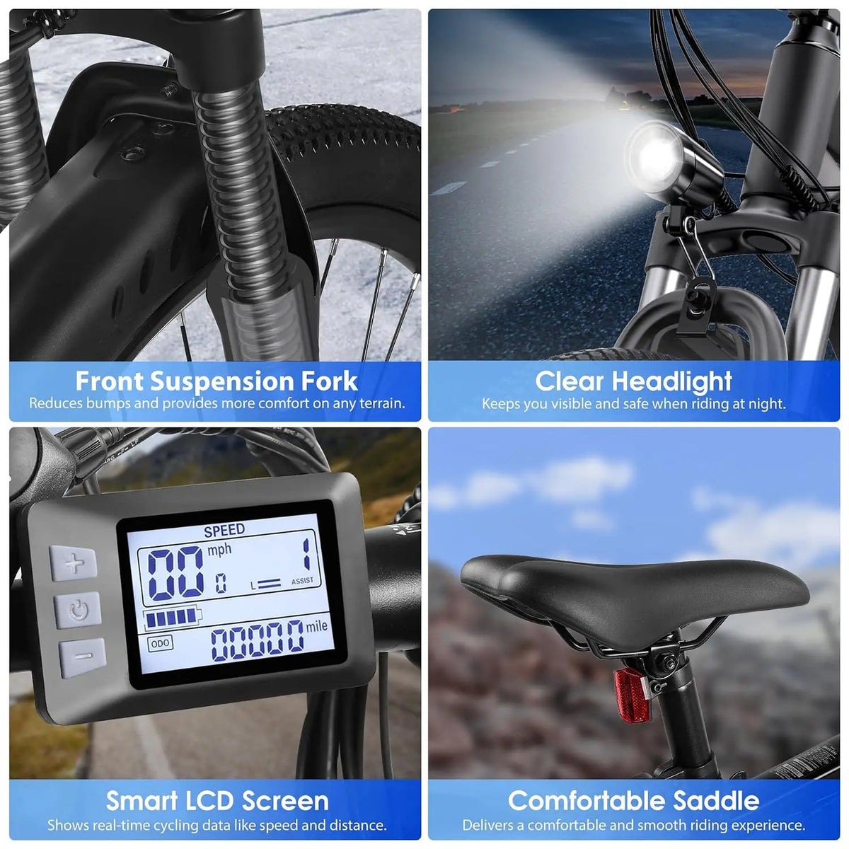 Ebike Adults 26in 1000W Motor 20MPH 50Miles 48V Battery 7-Speed Suspension LCD UL2849, Customized