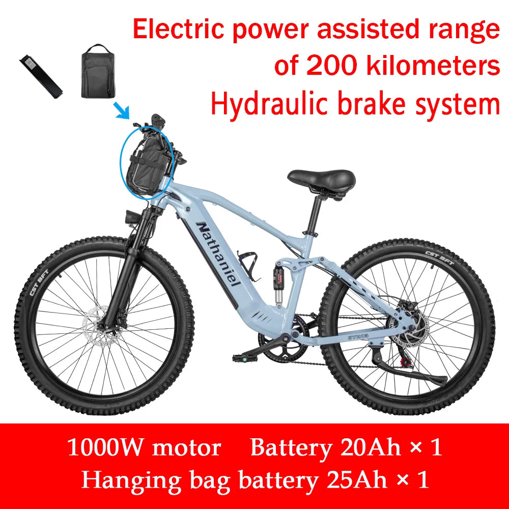 Nathaniel E-Bike,1000W Brushless Motor,27.5' Adult E-Mountain Bike,45Ah Large Capacity Batteries,7 Speed,45KM/H,Outdoor Trip Bik