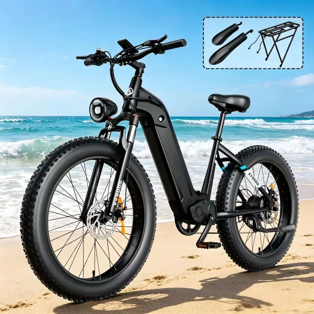 OBX EV900S E-Bike 1000W Electric Bike 48V 15Ah Battery 26” Fat Tire E-Bike 28MPH Adjustable Speed 55KM Range Front Suspension