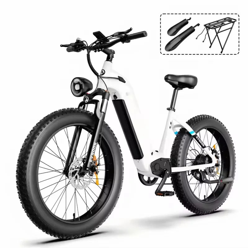 OBX EV900S E-Bike 1000W Electric Bike 48V 15Ah Battery 26” Fat Tire E-Bike 28MPH Adjustable Speed 55KM Range Front Suspension