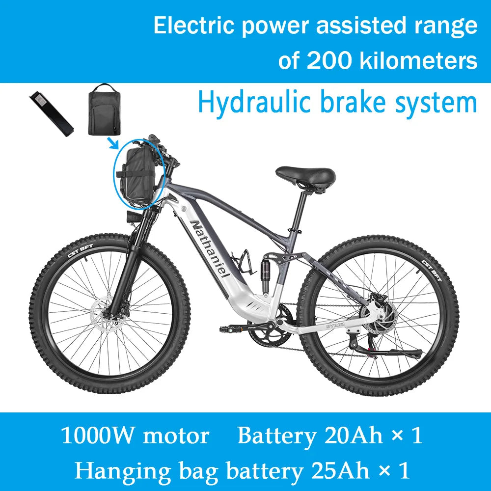 Nathaniel E-Bike,1000W Brushless Motor,27.5' Adult E-Mountain Bike,45Ah Large Capacity Batteries,7 Speed,45KM/H,Outdoor Trip Bik