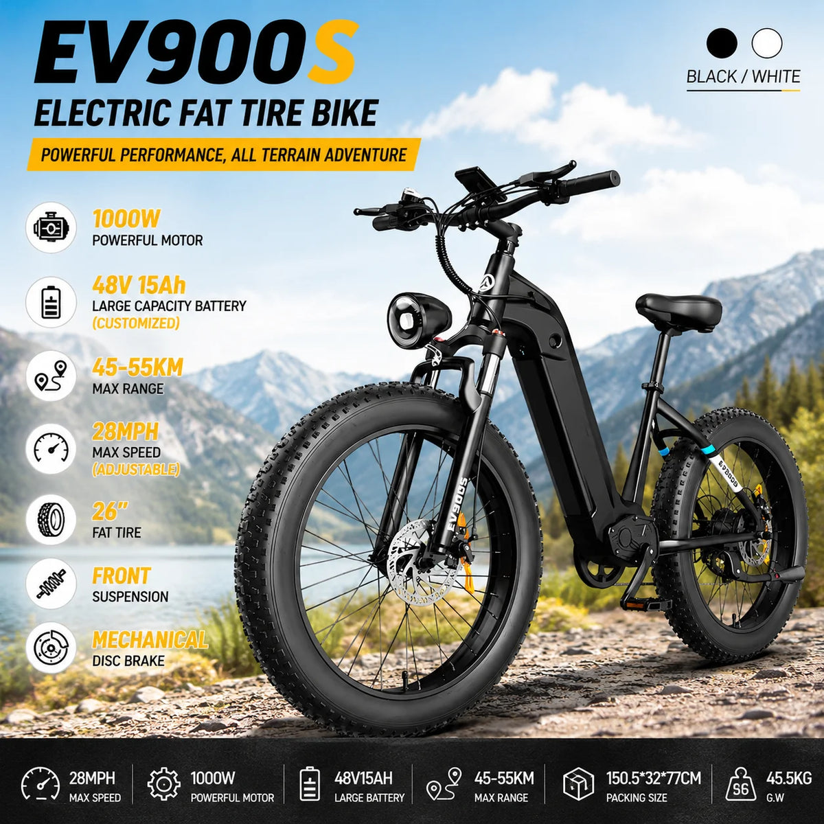 OBX EV900S E-Bike 1000W Electric Bike 48V 15Ah Battery 26” Fat Tire E-Bike 28MPH Adjustable Speed 55KM Range Front Suspension