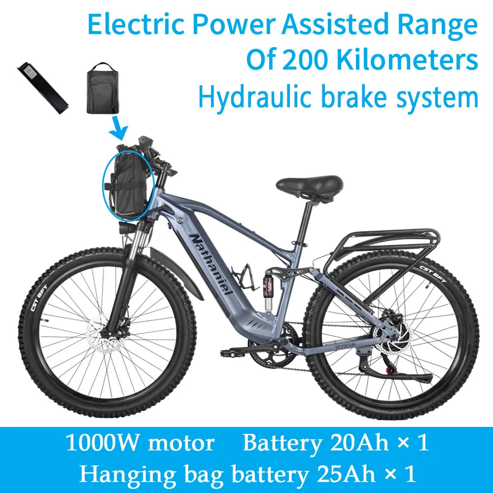 Nathaniel E-Bike,1000W Brushless Motor,27.5' Adult E-Mountain Bike,45Ah Large Capacity Batteries,7 Speed,45KM/H,Outdoor Trip Bik