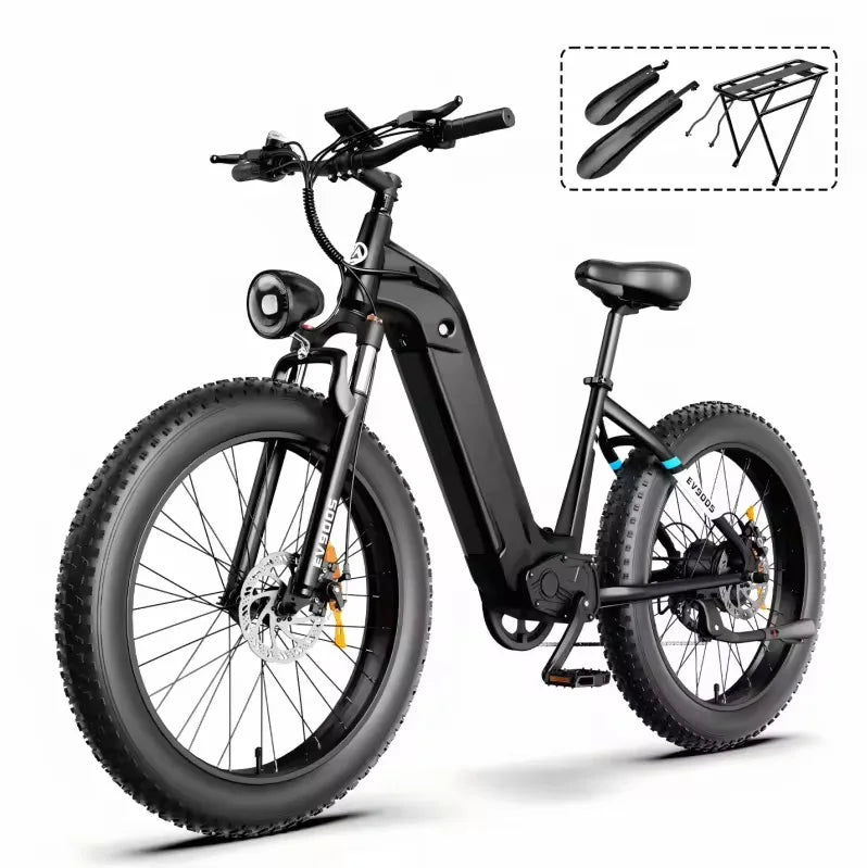 OBX EV900S E-Bike 1000W Electric Bike 48V 15Ah Battery 26” Fat Tire E-Bike 28MPH Adjustable Speed 55KM Range Front Suspension