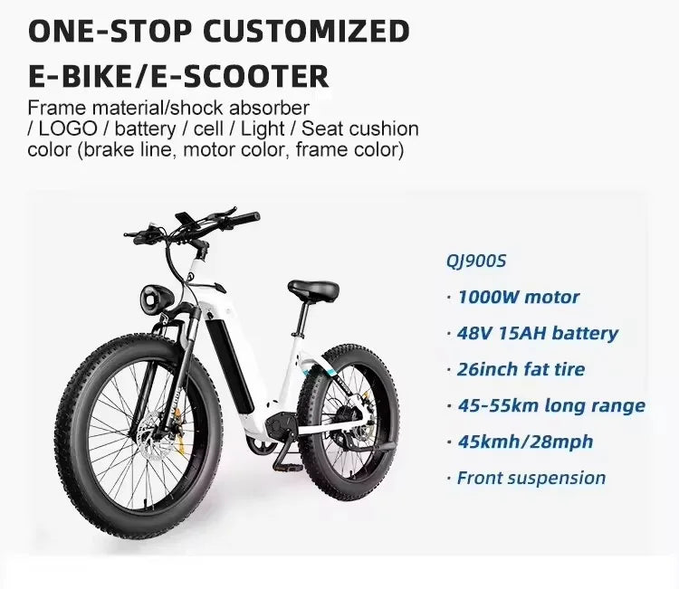 OBX EV900S E-Bike 1000W Electric Bike 48V 15Ah Battery 26” Fat Tire E-Bike 28MPH Adjustable Speed 55KM Range Front Suspension