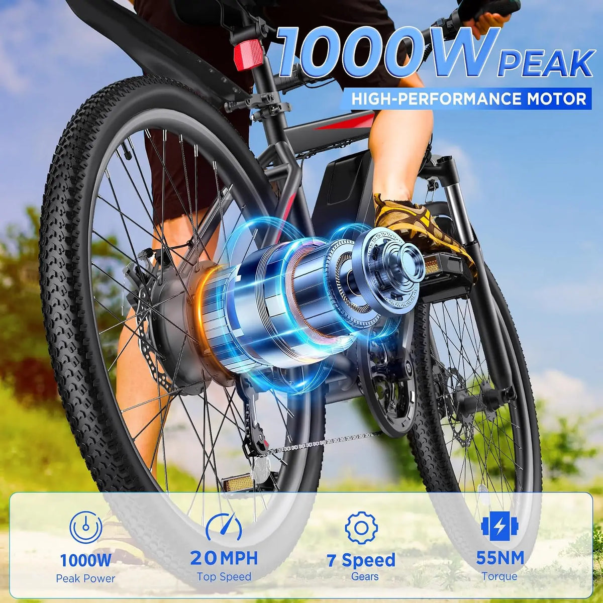 Ebike Adults 26in 1000W Motor 20MPH 50Miles 48V Battery 7-Speed Suspension LCD UL2849, Customized